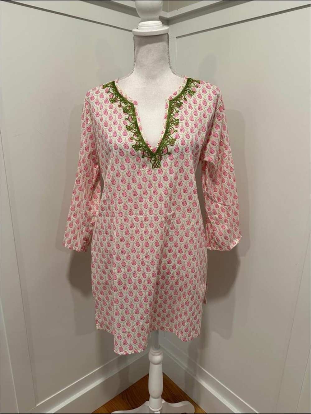 Women's Pink Printed Swim Coverup with Green Trim